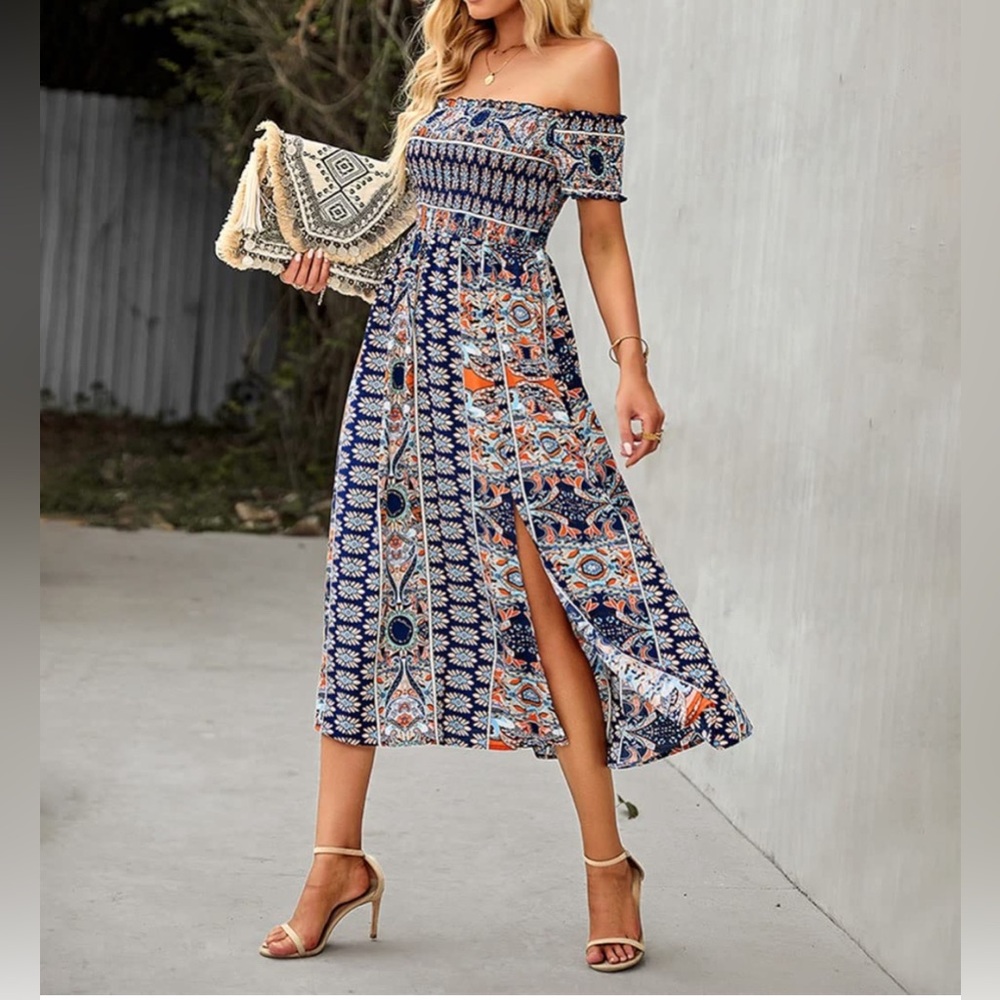 Boho off the shoulder multi colored dress stretchy bodice Sz L maxi dress